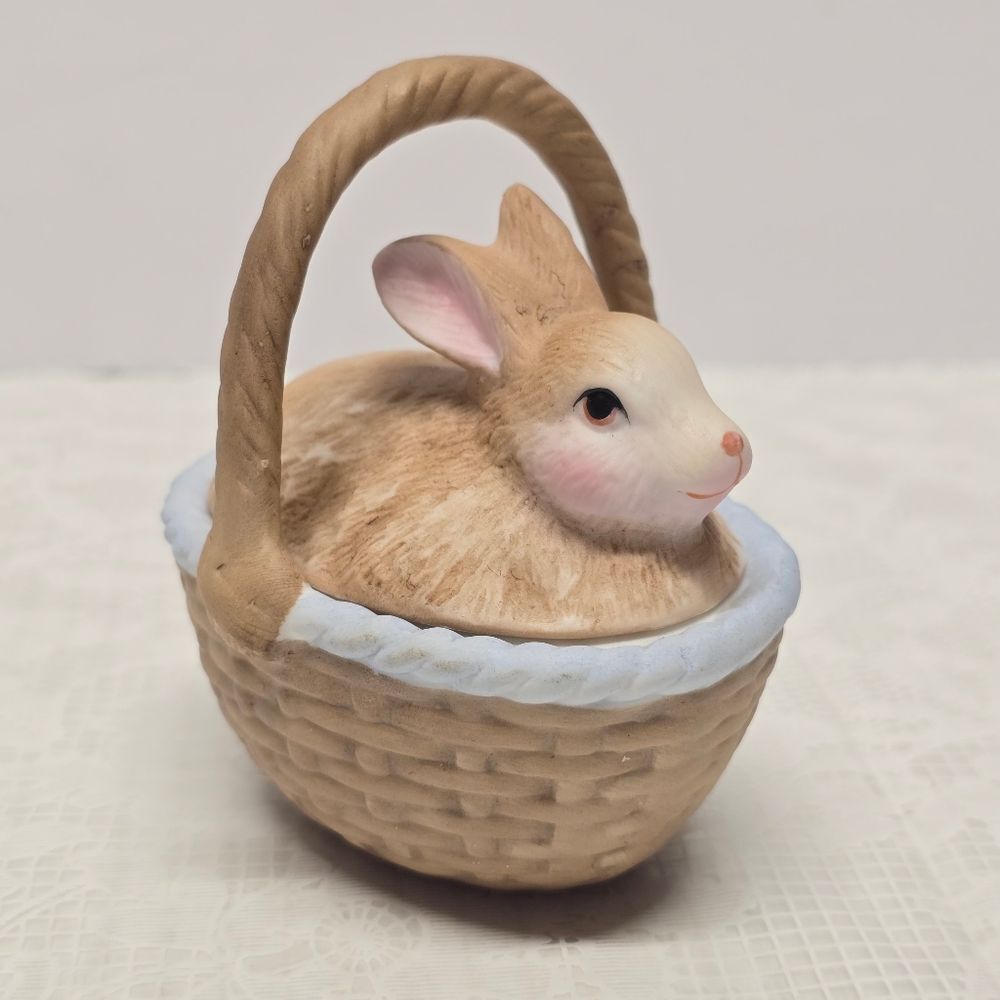 Vintage Bunny Rabbit On A Basket Trinket Box Easter Figurine Holiday Decor Gift